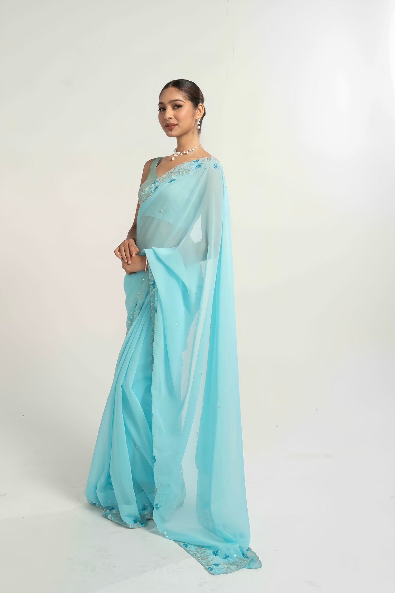 Sital Seafoam Blue Hand Embellished Saree