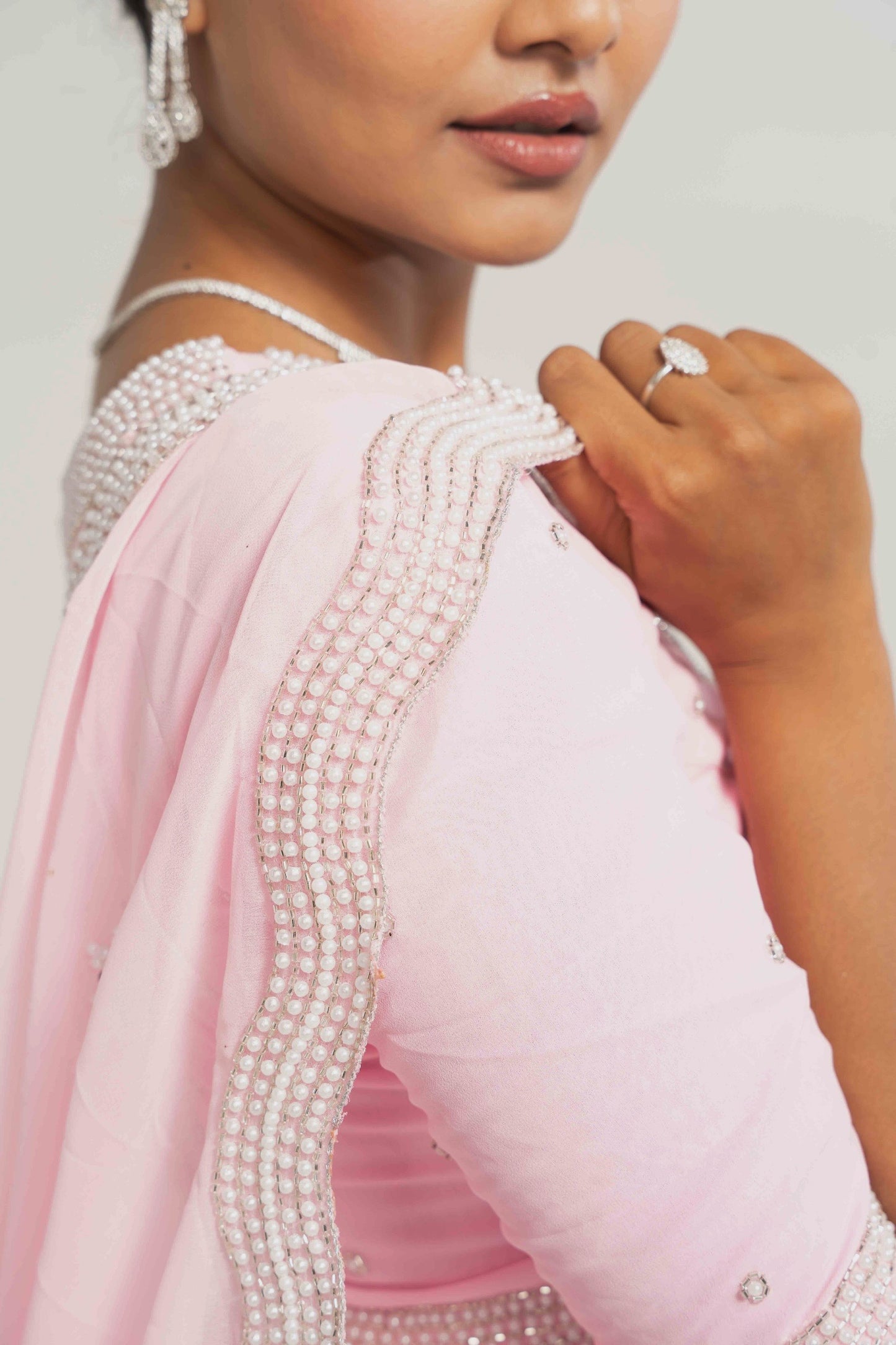 Sadhana Baby Pink Hand Embellished Saree