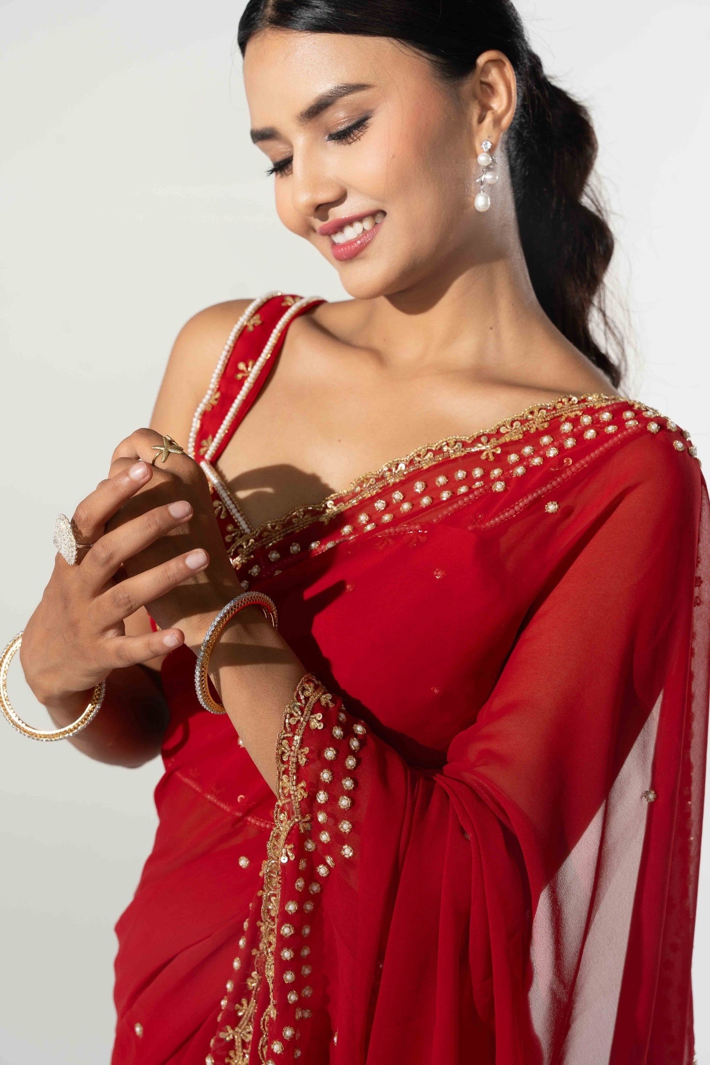 Mimma Red Hand Embellished Saree
