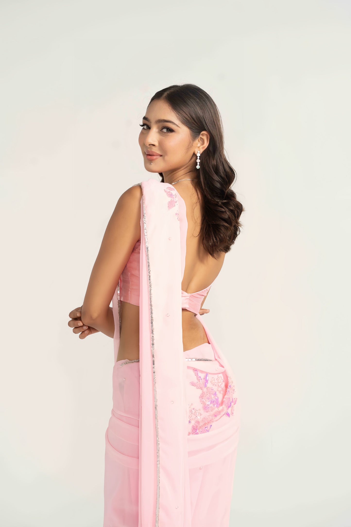 Saral Baby Pink Hand Embellished Saree
