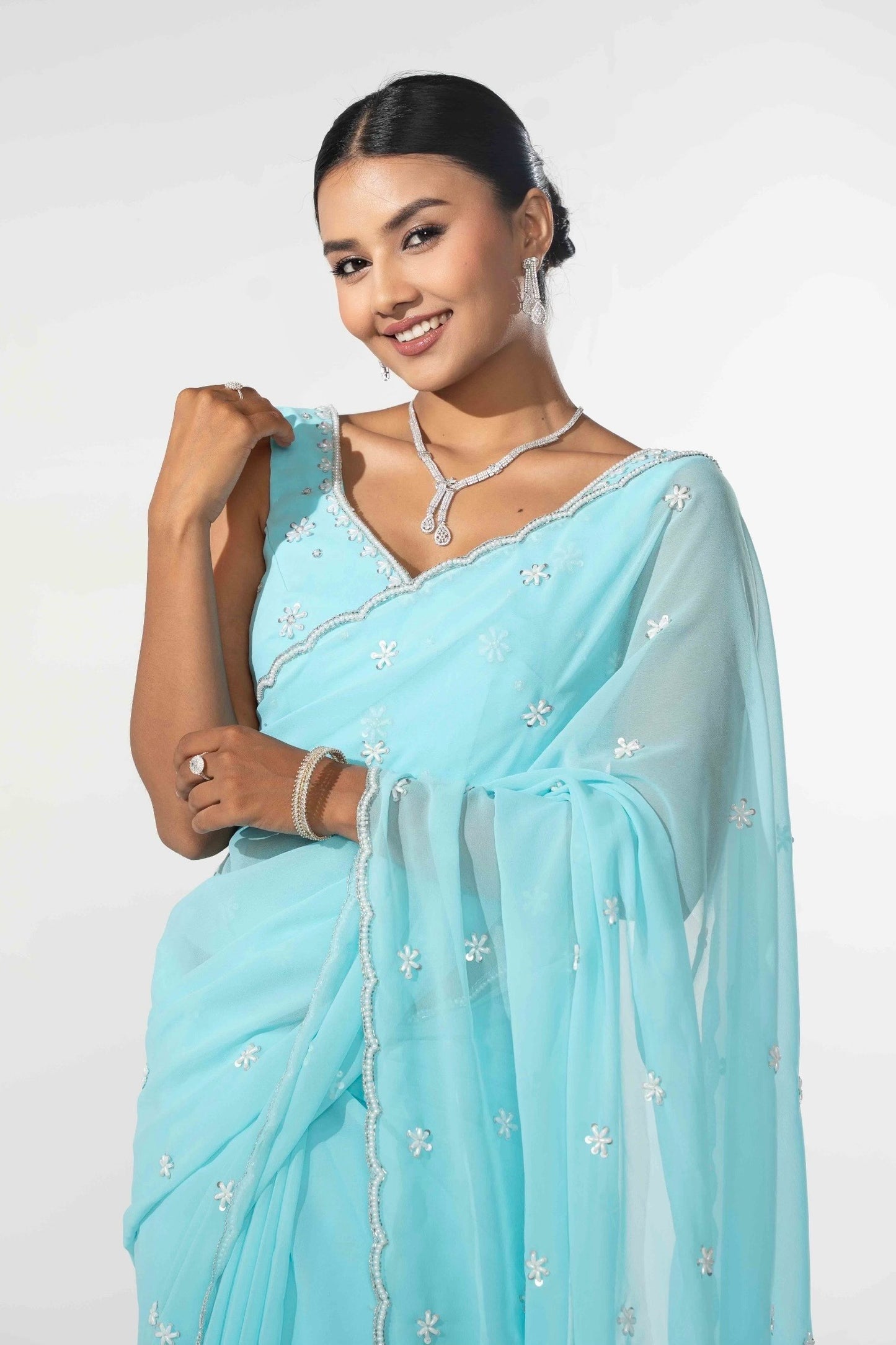 Laav Seafoam Blue Hand Embellished Saree