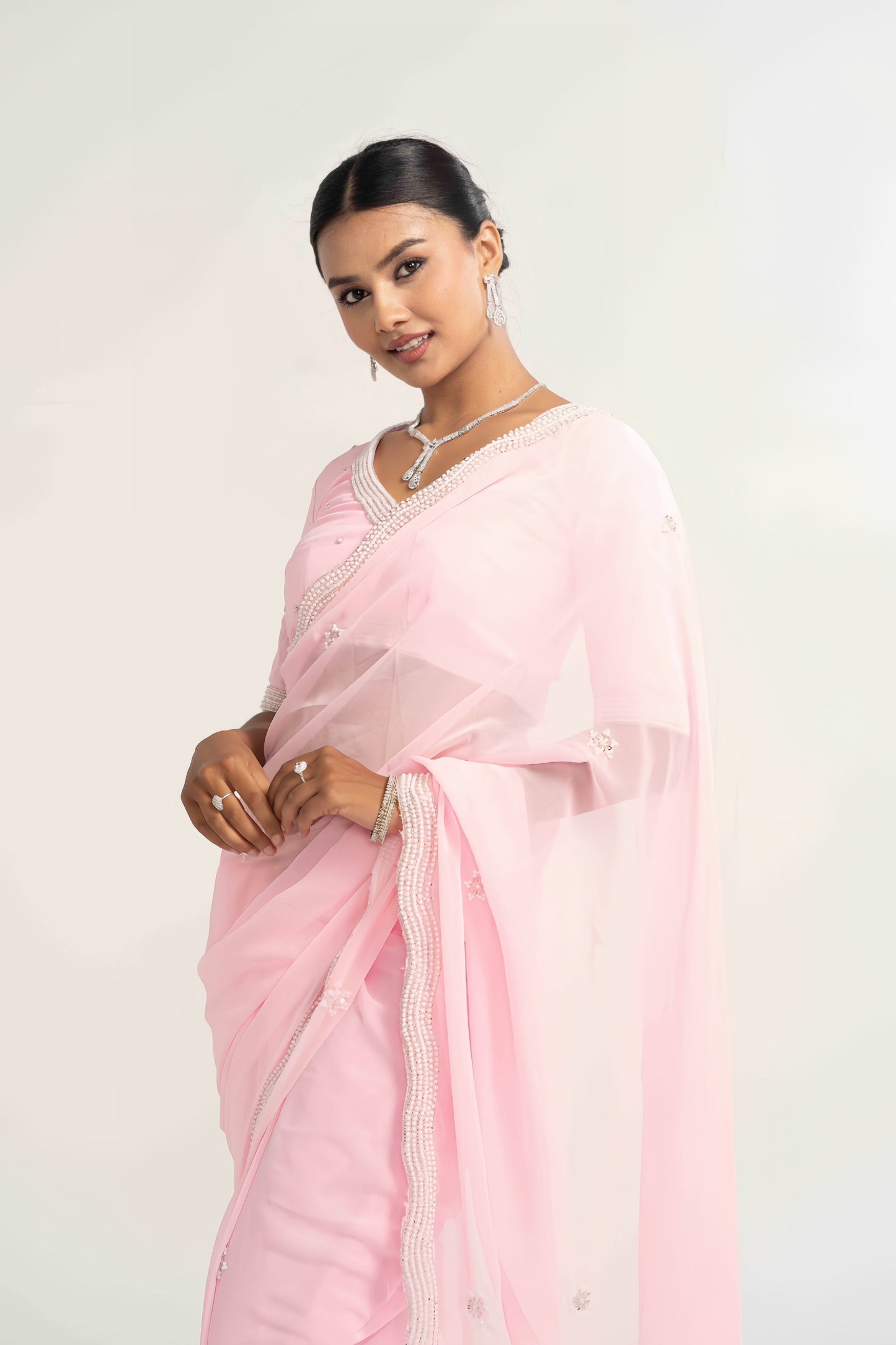 Sadhana Baby Pink Hand Embellished Saree