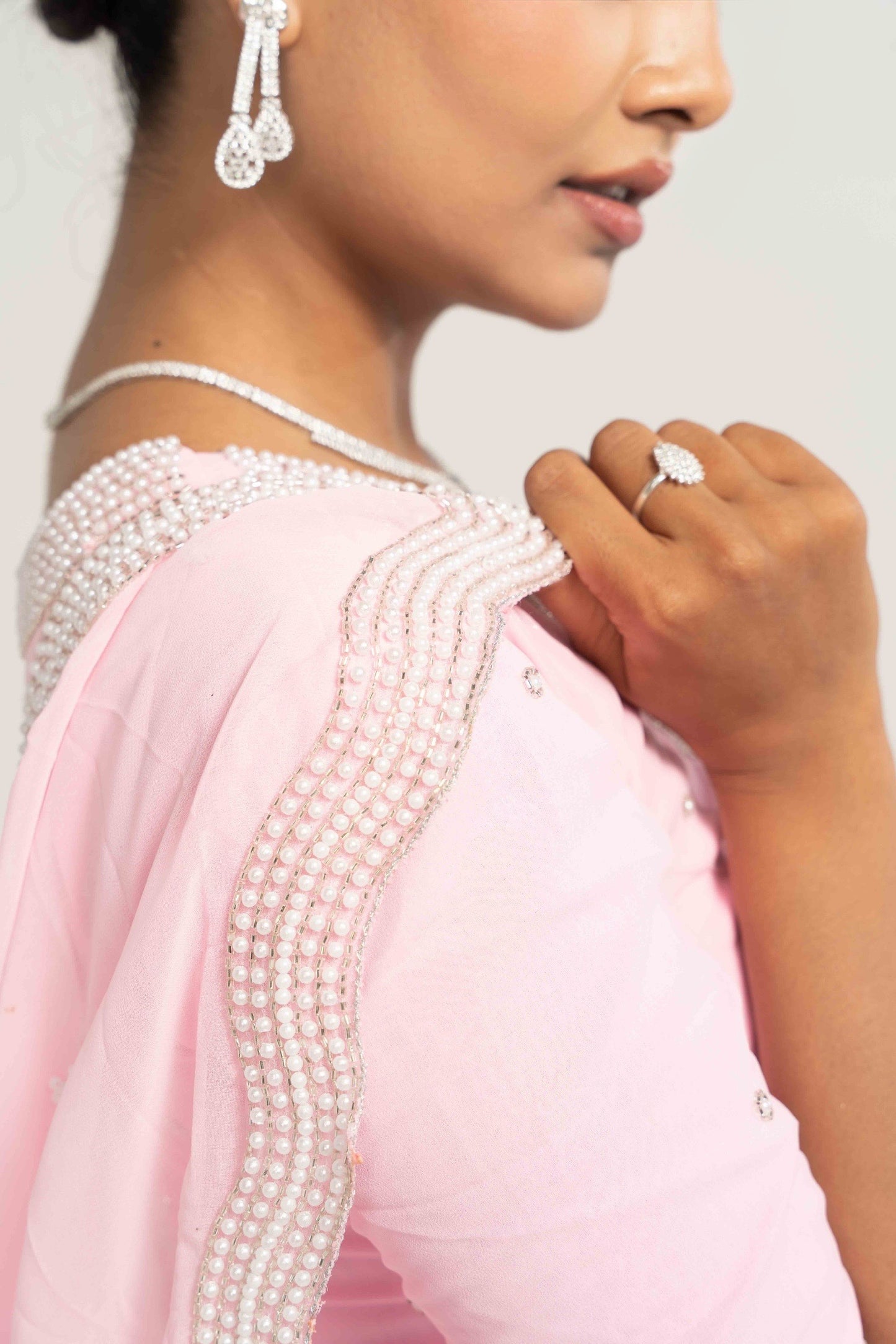 Sadhana Baby Pink Hand Embellished Saree