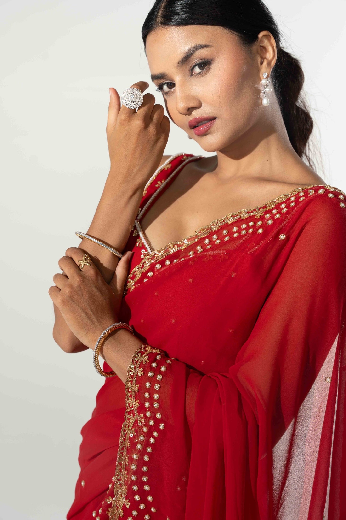 Mimma Red Hand Embellished Saree