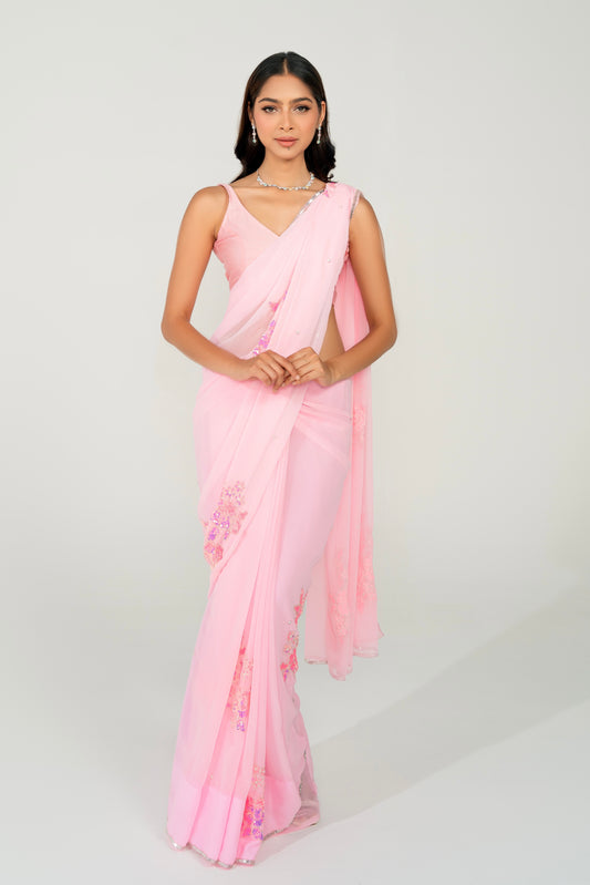 Saral Baby Pink Hand Embellished Saree