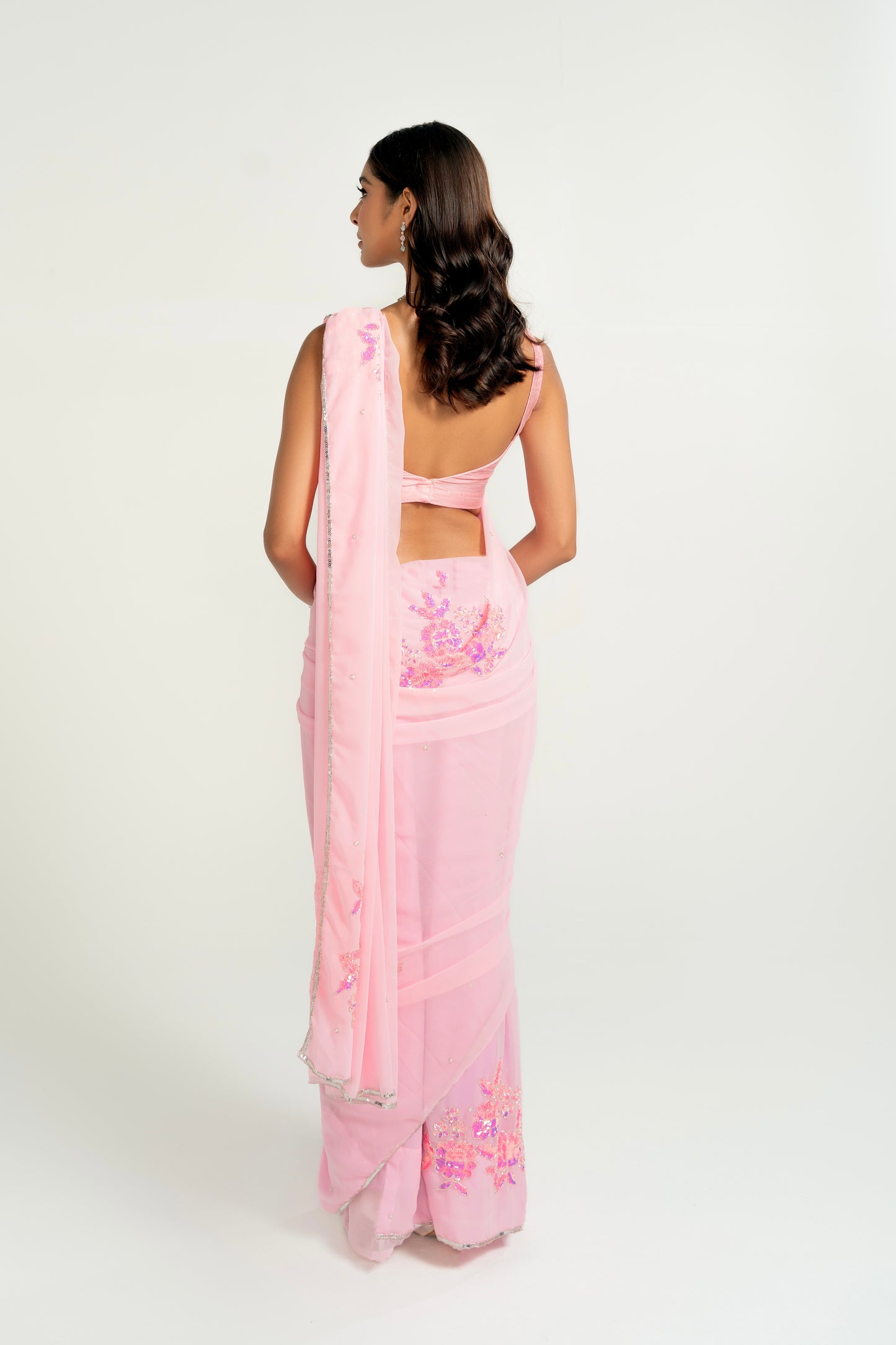 Saral Baby Pink Hand Embellished Saree