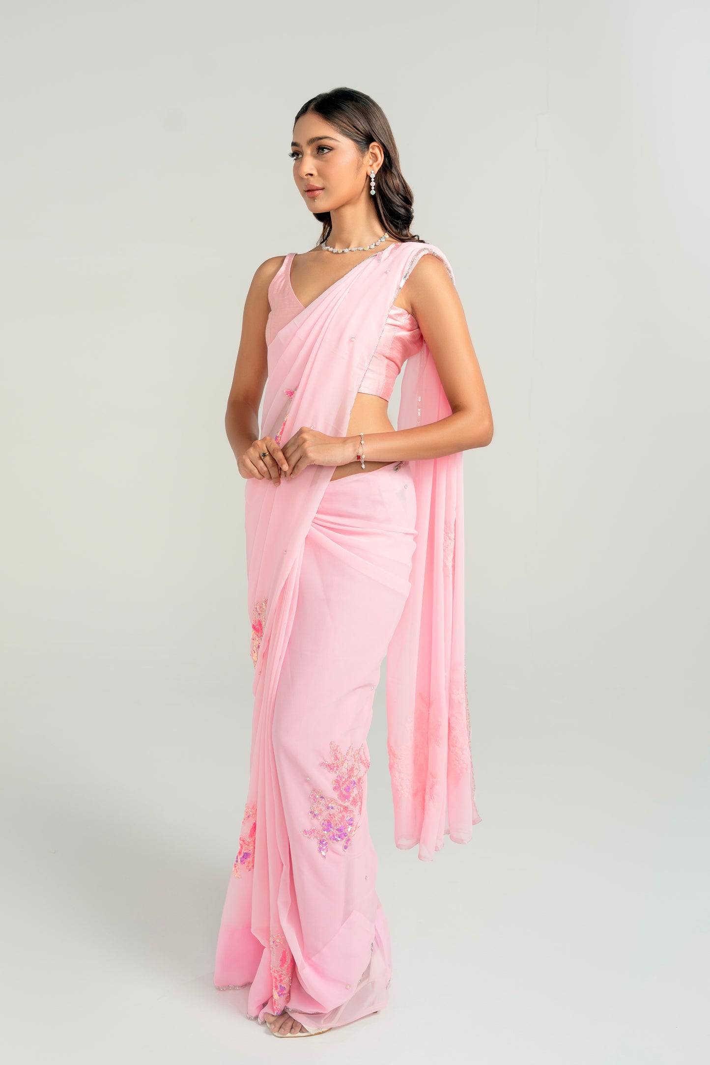 Saral Baby Pink Hand Embellished Saree