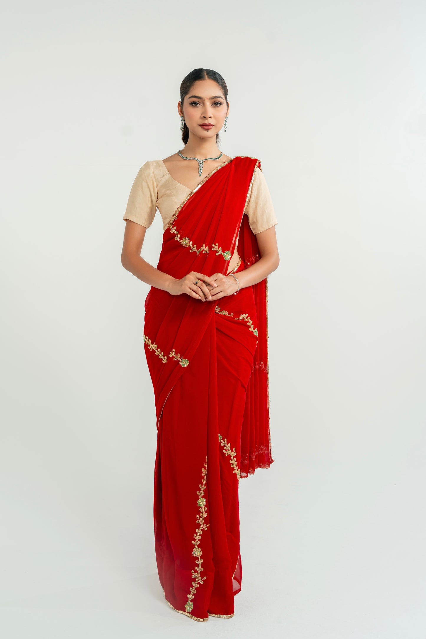 Ruby Red Hand Embellished Saree