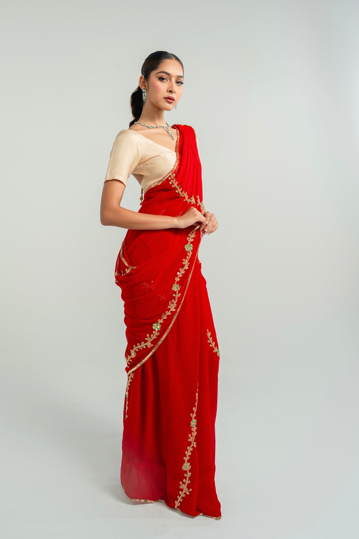 Ruby Red Hand Embellished Saree