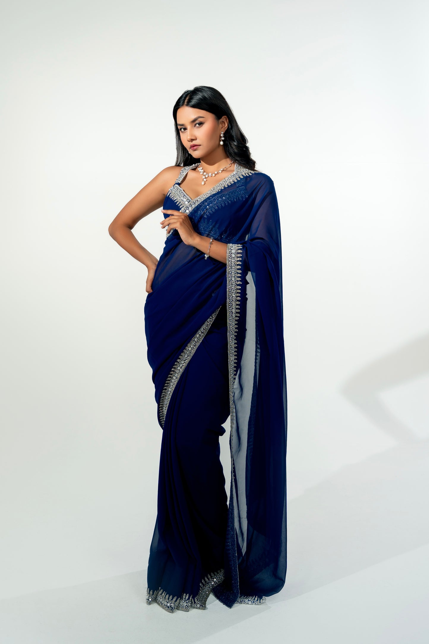 Nilam Navy Blue Hand Embellished Saree