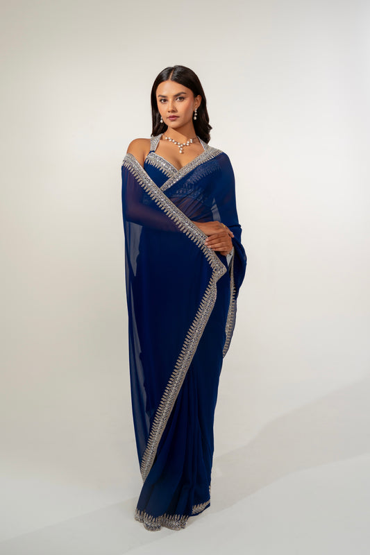 Nilam Navy Blue Hand Embellished Saree