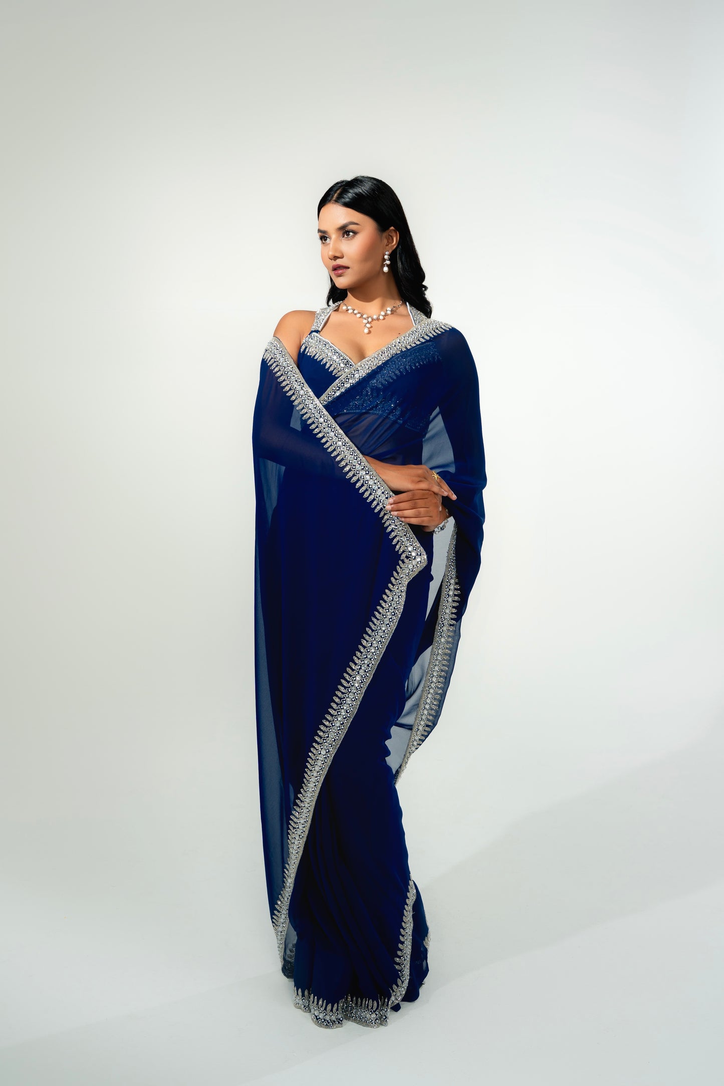 Nilam Navy Blue Hand Embellished Saree