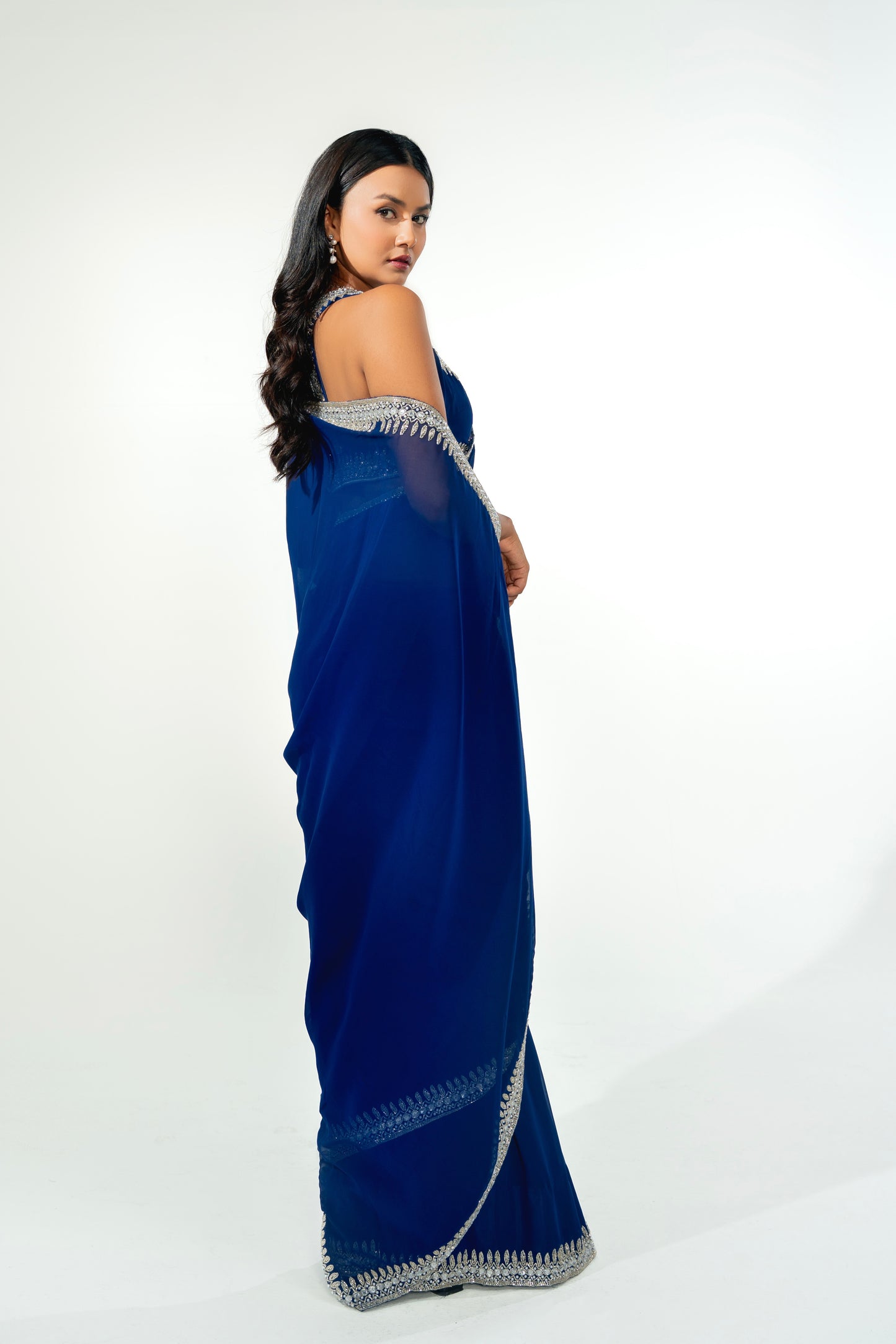 Nilam Navy Blue Hand Embellished Saree