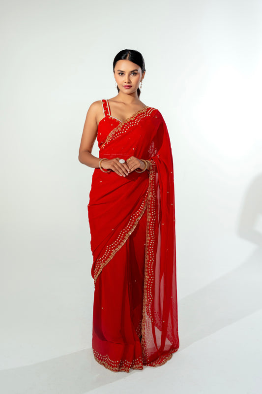 Mimma Red Hand Embellished Saree