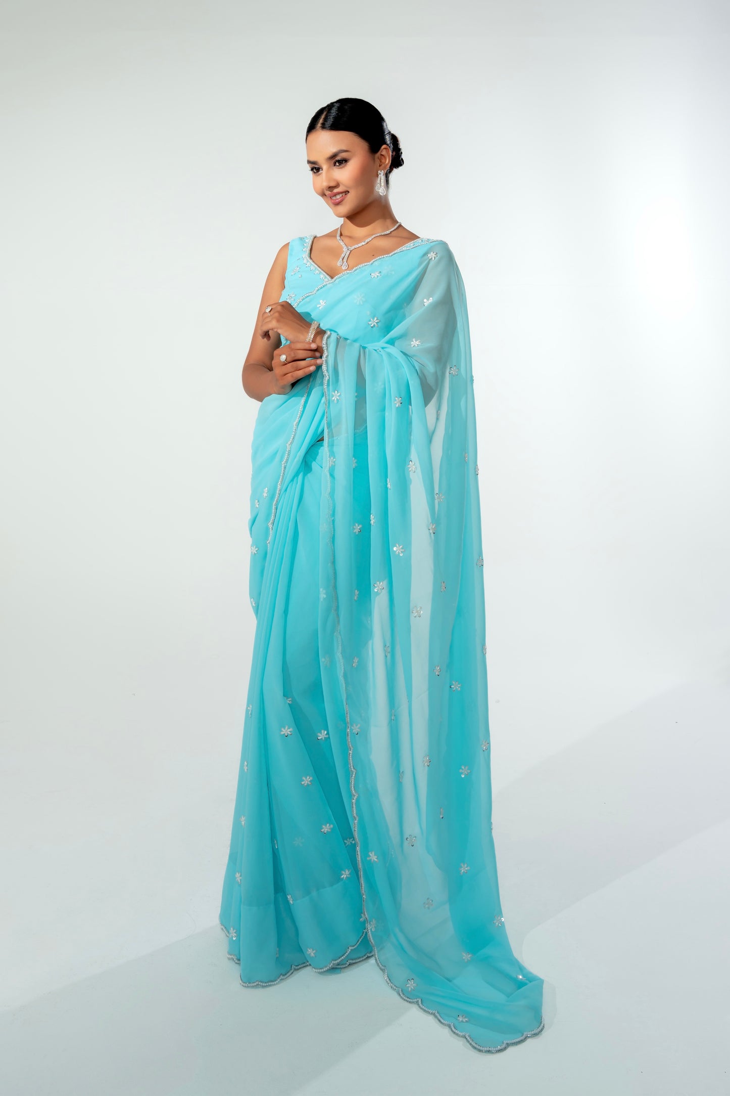 Laav Seafoam Blue Hand Embellished Saree