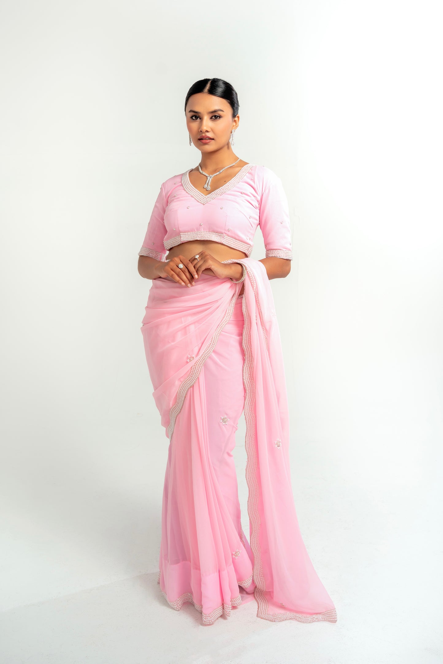 Sadhana Baby Pink Hand Embellished Saree
