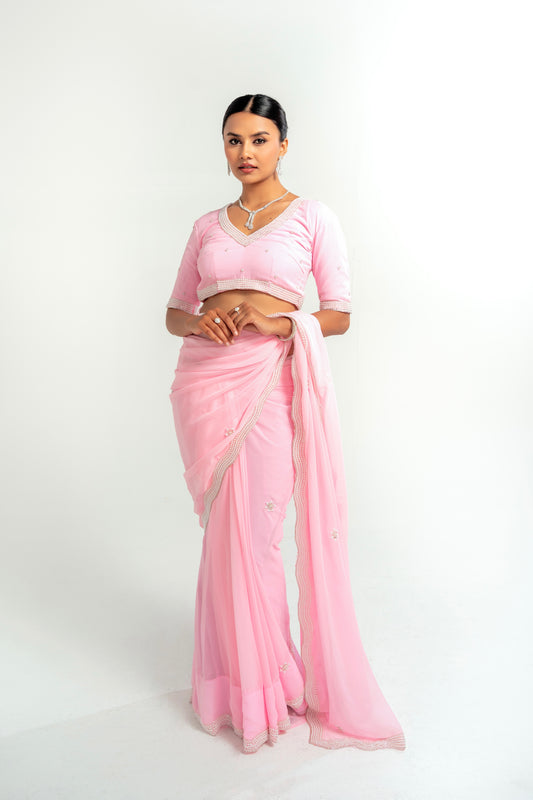 Sadhana Baby Pink Hand Embellished Saree