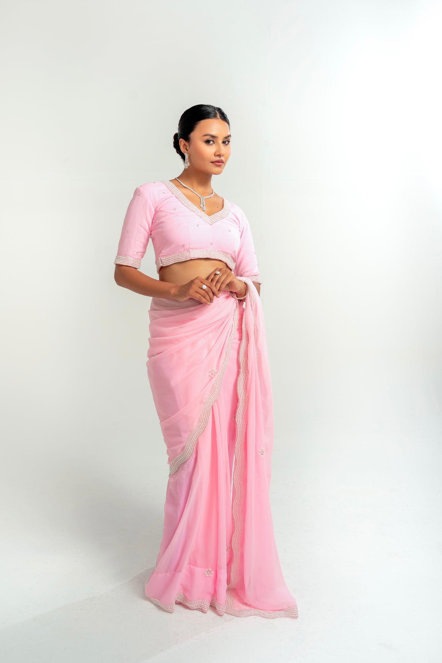 Sadhana Baby Pink Hand Embellished Saree