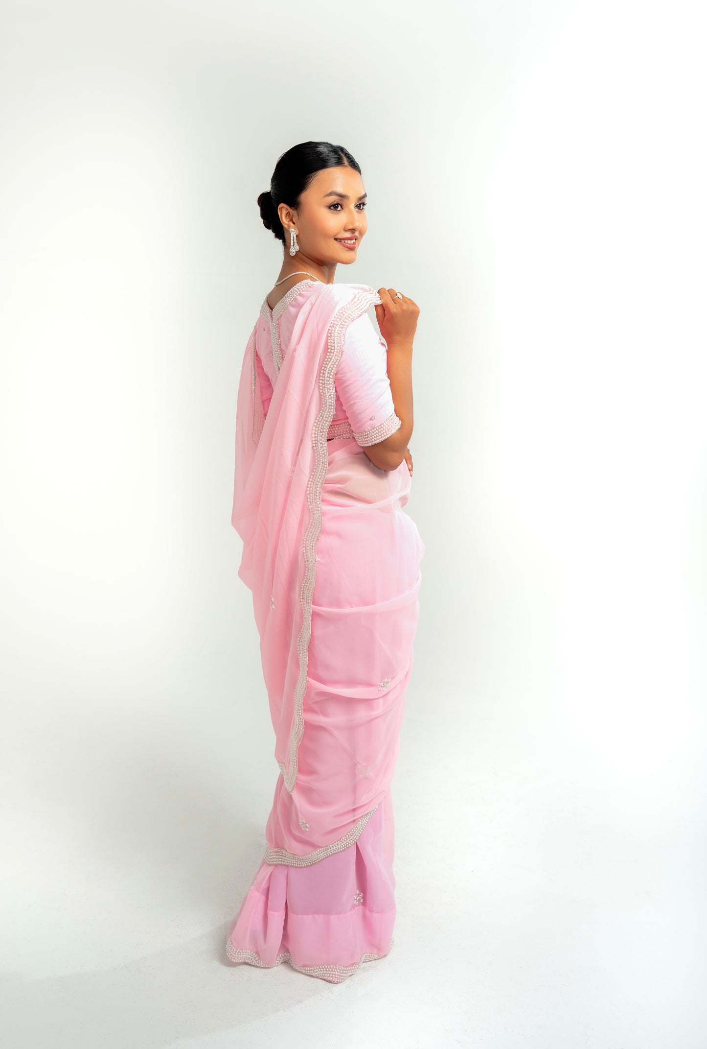 Sadhana Baby Pink Hand Embellished Saree