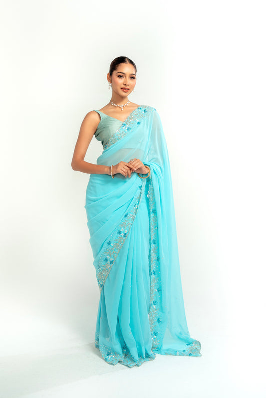 Sital Seafoam Blue Hand Embellished Saree