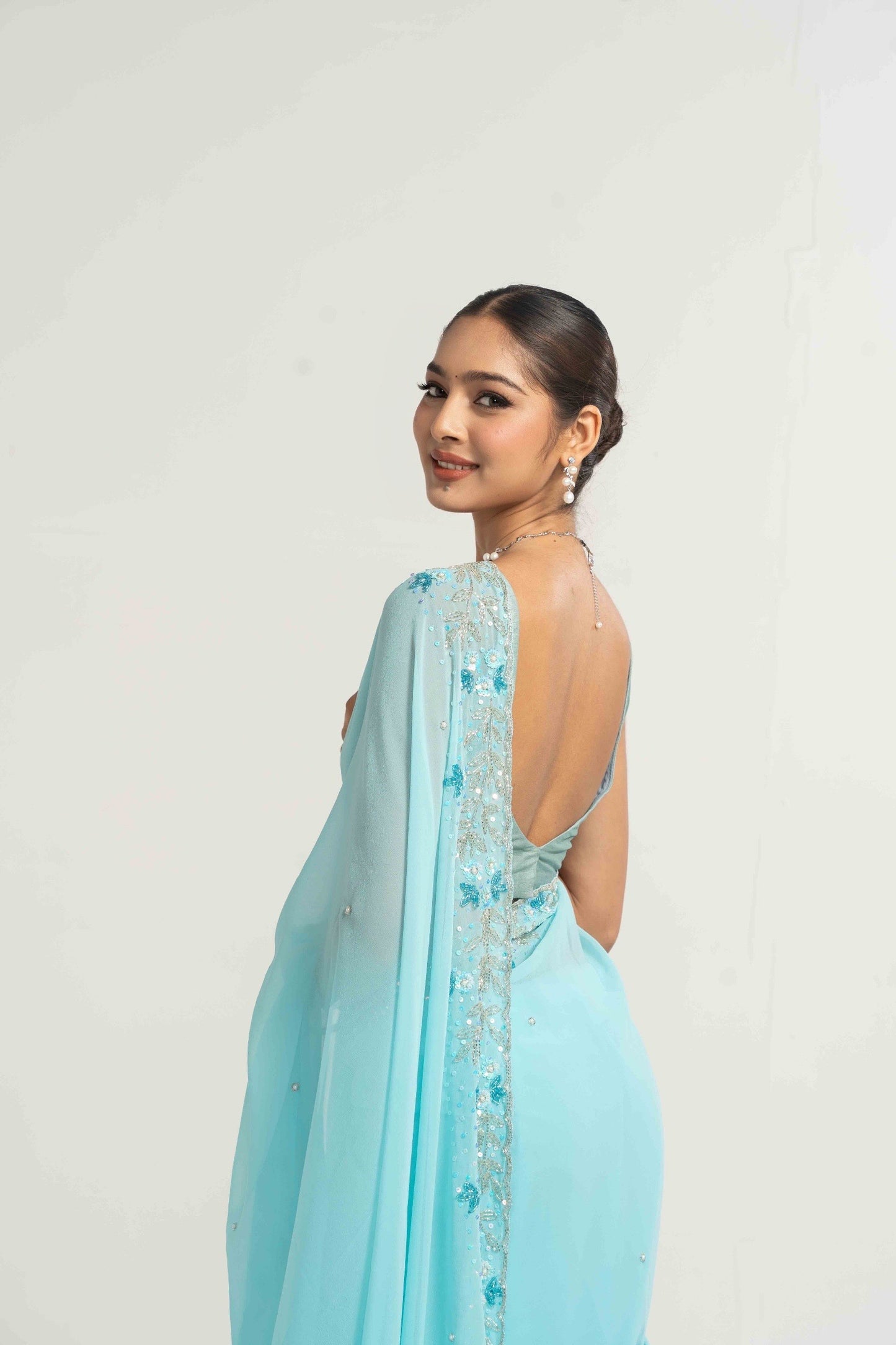 Sital Seafoam Blue Hand Embellished Saree